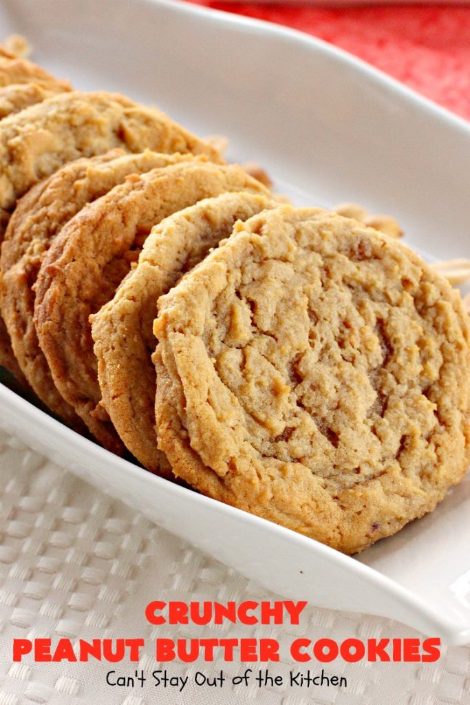 Crunchy Peanut Butter Cookies | Can't Stay Out of the Kitchen | these luscious whopper-sized #PeanutButterCookies are fantastic. Every bite will knock your socks off. Plus they're easy to make & turn out perfectly each time. #tailgating #cookies #PeanutButter #dessert #PeanutButterDessert #CrunchyPeanutButterCookies