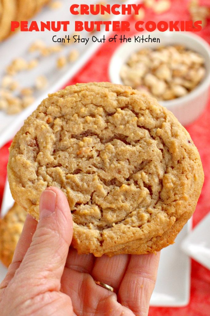 Crunchy Peanut Butter Cookies | Can't Stay Out of the Kitchen | these luscious whopper-sized #PeanutButterCookies are fantastic. Every bite will knock your socks off. Plus they're easy to make & turn out perfectly each time. #tailgating #cookies #PeanutButter #dessert #PeanutButterDessert #CrunchyPeanutButterCookies