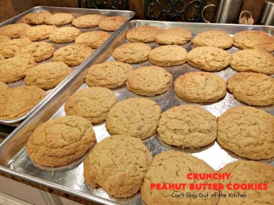 Crunchy Peanut Butter Cookies | Can't Stay Out of the Kitchen | these luscious whopper-sized #PeanutButterCookies are fantastic. Every bite will knock your socks off. Plus they're easy to make & turn out perfectly each time. #tailgating #cookies #PeanutButter #dessert #PeanutButterDessert #CrunchyPeanutButterCookies