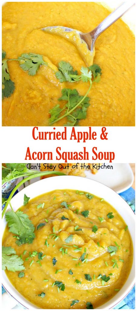 Curried Apple and Acorn Squash Soup | Can't Stay Out of the Kitchen | this mildly hot & spicy #soup is so delicious. #Apples & #acornsquash make it an incredibly tasty comfort food.