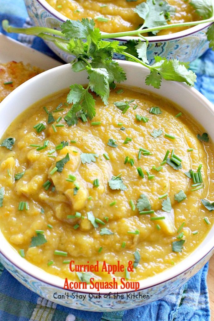 Curried Apple and Acorn Squash Soup | Can't Stay Out of the Kitchen | this mildly hot & spicy #soup is so delicious. #Apples & #acornsquash make it an incredibly tasty comfort food.