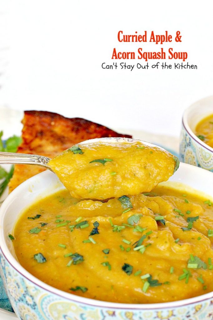 Curried Apple and Acorn Squash Soup | Can't Stay Out of the Kitchen | this mildly hot & spicy #soup is so delicious. #Apples & #acornsquash make it an incredibly tasty comfort food.