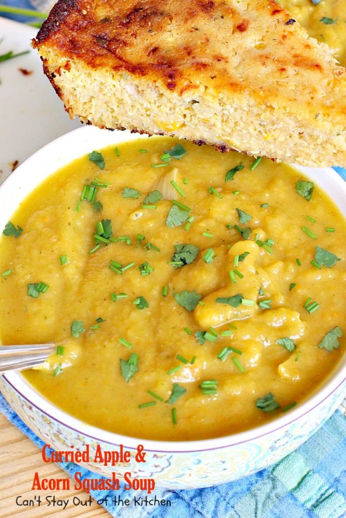 Curried Apple and Acorn Squash Soup | Can't Stay Out of the Kitchen | this mildly hot & spicy #soup is so delicious. #Apples & #acornsquash make it an incredibly tasty comfort food.