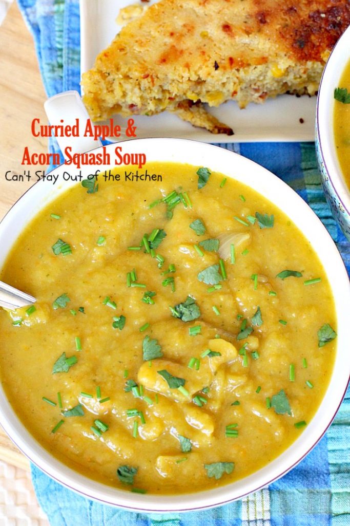 Curried Apple and Acorn Squash Soup | Can't Stay Out of the Kitchen | this mildly hot & spicy #soup is so delicious. #Apples & #acornsquash make it an incredibly tasty comfort food.