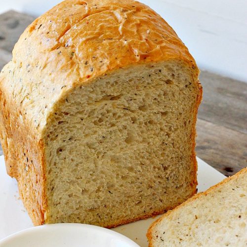 Dairy Free Garlic Herb Bread | Can't Stay Out of the Kitchen | this fabulous homemade #bread takes only 5 minutes to prepare since it's made in the #breadmaker. It's terrific as a dinner bread served with dipping oil & herbs. #Easter #MothersDay #FathersDay #holiday