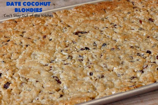 Date Coconut Blondies | Can't Stay Out of the Kitchen | these fantastic #cookies will knock your socks off! If you enjoy #dates & #coconut, this delicious #dessert is perfect for #tailgating parties, potlucks or soccer practice. Every bite will have you drooling! #DateCoconutBlondies