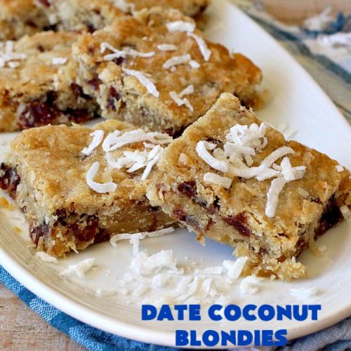 Date Coconut Blondies | Can't Stay Out of the Kitchen | these fantastic #cookies will knock your socks off! If you enjoy #dates & #coconut, this delicious #dessert is perfect for #tailgating parties, potlucks or soccer practice. Every bite will have you drooling! #DateCoconutBlondies