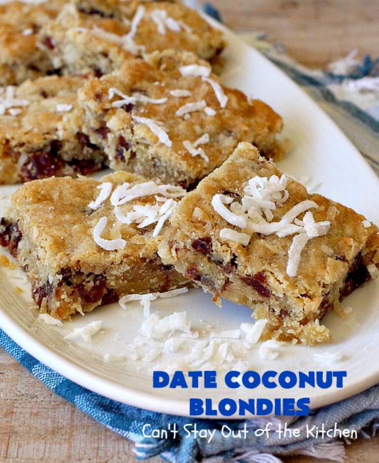 Date Coconut Blondies | Can't Stay Out of the Kitchen | these fantastic #cookies will knock your socks off! If you enjoy #dates & #coconut, this delicious #dessert is perfect for #tailgating parties, potlucks or soccer practice. Every bite will have you drooling! #DateCoconutBlondies