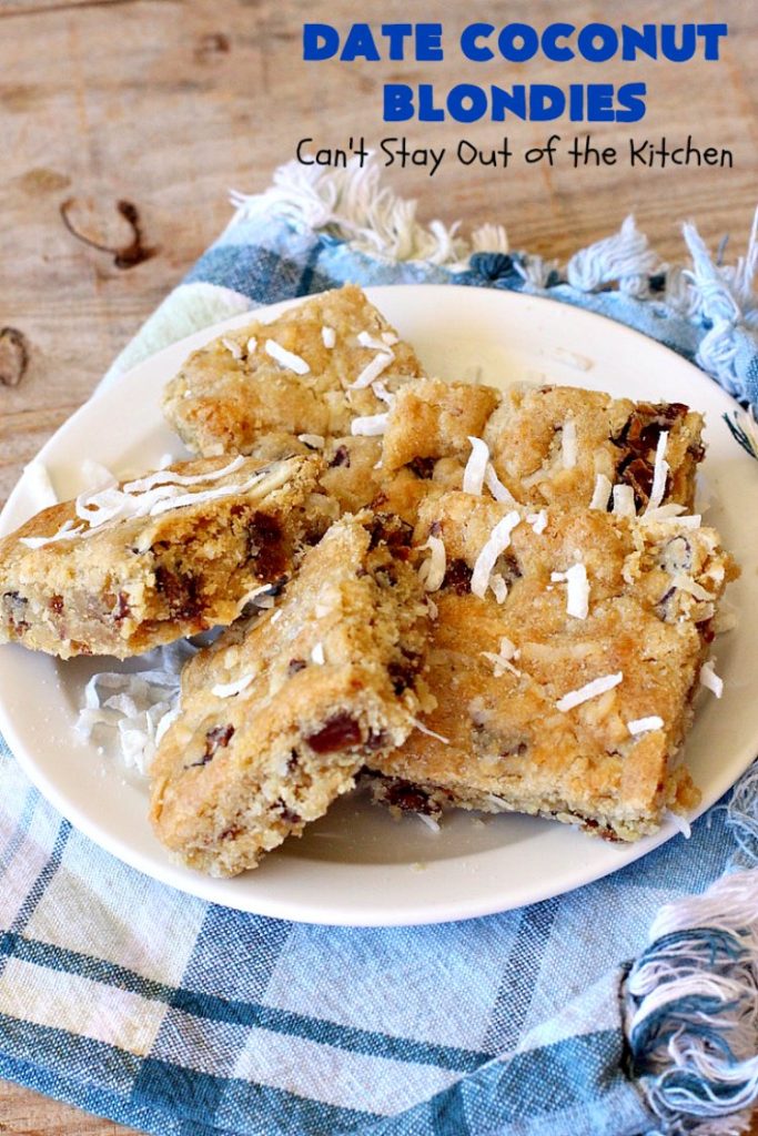 Date Coconut Blondies | Can't Stay Out of the Kitchen | these fantastic #cookies will knock your socks off! If you enjoy #dates & #coconut, this delicious #dessert is perfect for #tailgating parties, potlucks or soccer practice. Every bite will have you drooling! #DateCoconutBlondies 