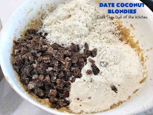 Date Coconut Blondies | Can't Stay Out of the Kitchen | these fantastic #cookies will knock your socks off! If you enjoy #dates & #coconut, this delicious #dessert is perfect for #tailgating parties, potlucks or soccer practice. Every bite will have you drooling! #DateCoconutBlondies
