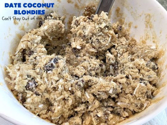 Date Coconut Blondies | Can't Stay Out of the Kitchen | these fantastic #cookies will knock your socks off! If you enjoy #dates & #coconut, this delicious #dessert is perfect for #tailgating parties, potlucks or soccer practice. Every bite will have you drooling! #DateCoconutBlondies