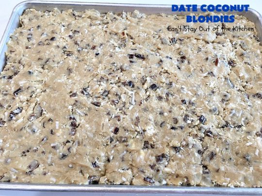 Date Coconut Blondies | Can't Stay Out of the Kitchen | these fantastic #cookies will knock your socks off! If you enjoy #dates & #coconut, this delicious #dessert is perfect for #tailgating parties, potlucks or soccer practice. Every bite will have you drooling! #DateCoconutBlondies