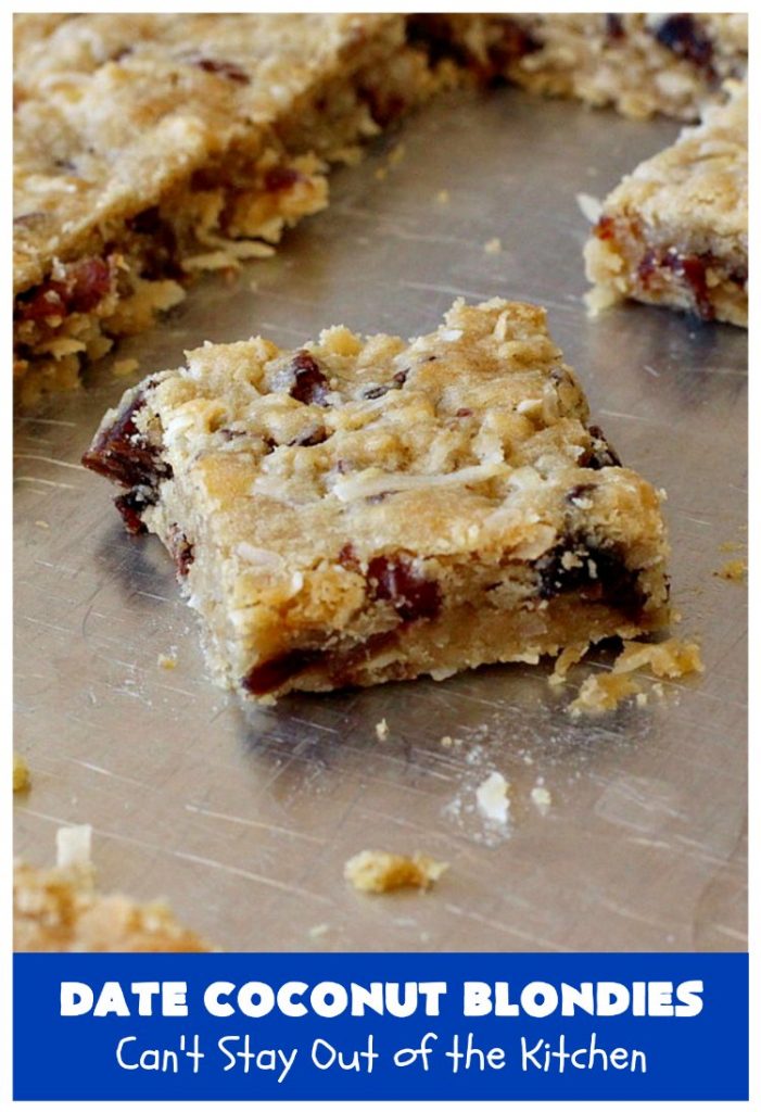 Date Coconut Blondies | Can't Stay Out of the Kitchen | these fantastic #cookies will knock your socks off! If you enjoy #dates & #coconut, this delicious #dessert is perfect for #tailgating parties, potlucks or soccer practice. Every bite will have you drooling! #DateCoconutBlondies