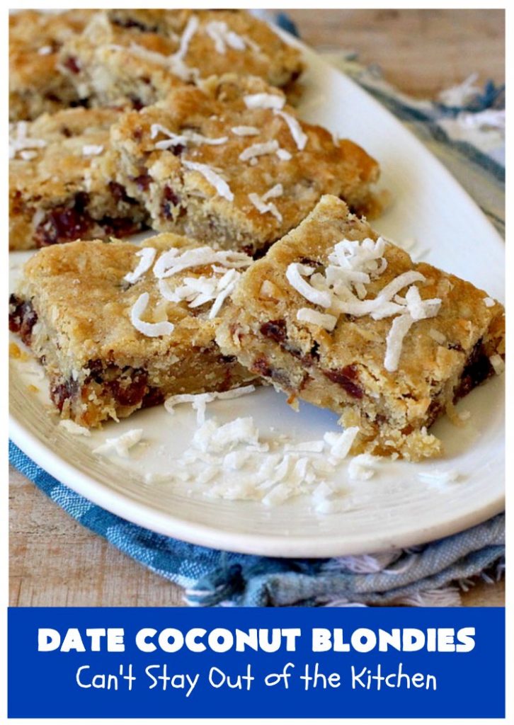 Date Coconut Blondies | Can't Stay Out of the Kitchen | these fantastic #cookies will knock your socks off! If you enjoy #dates & #coconut, this delicious #dessert is perfect for #tailgating parties, potlucks or soccer practice. Every bite will have you drooling! #DateCoconutBlondies