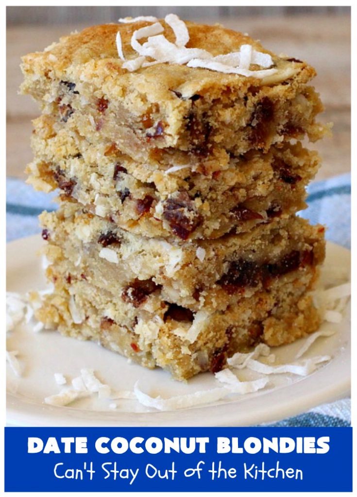 Date Coconut Blondies | Can't Stay Out of the Kitchen | these fantastic #cookies will knock your socks off! If you enjoy #dates & #coconut, this delicious #dessert is perfect for #tailgating parties, potlucks or soccer practice. Every bite will have you drooling! #DateCoconutBlondies