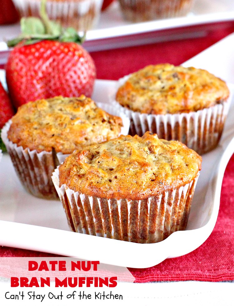 Date Nut Bran Muffins | Can't Stay Out of the Kitchen | this fantastic #BranMuffin batter can stay refrigerated for up to 6 weeks! You can have fresh homemade #muffins without all the fuss and enjoy them weekly. These are great to make for company, #holidays or when you're cooking for a crowd. Every bite is heavenly. #AllBran #BranFlakes #dates #pecans #breakfast #DateNutBranMuffins #HolidayBreakfast #Thanksgiving #fall #Christmas #FallBaking #baking #recipe