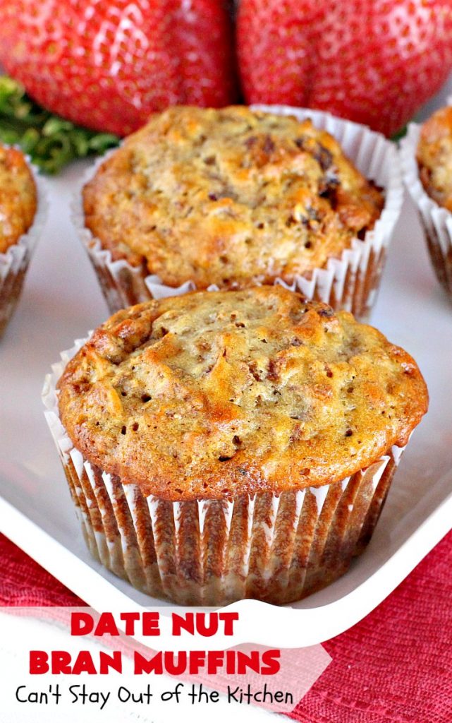 Date Nut Bran Muffins | Can't Stay Out of the Kitchen | this fantastic #BranMuffin batter can stay refrigerated for up to 6 weeks! You can have fresh homemade #muffins without all the fuss and enjoy them weekly. These are great to make for company, #holidays or when you're cooking for a crowd. Every bite is heavenly. #AllBran #BranFlakes #dates #pecans #breakfast #DateNutBranMuffins #HolidayBreakfast #Thanksgiving #fall #Christmas #FallBaking #baking #recipe