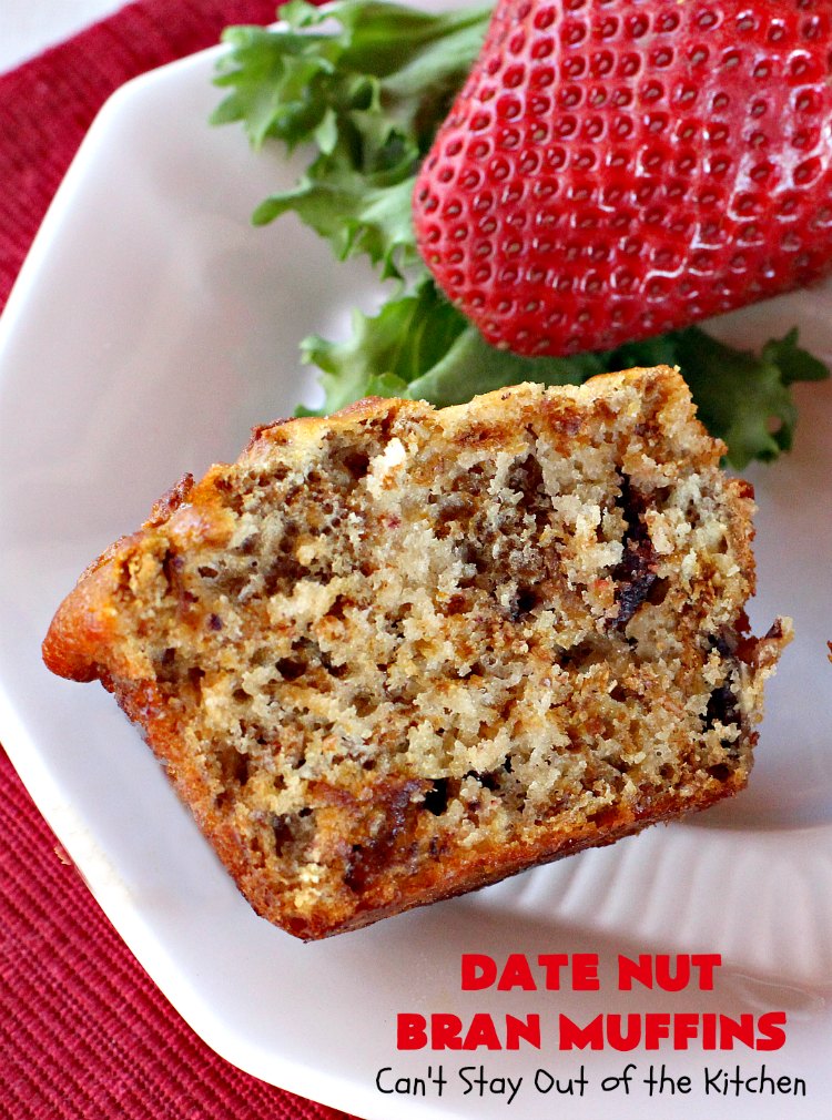 Date Nut Bran Muffins | Can't Stay Out of the Kitchen | this fantastic #BranMuffin batter can stay refrigerated for up to 6 weeks! You can have fresh homemade #muffins without all the fuss and enjoy them weekly. These are great to make for company, #holidays or when you're cooking for a crowd. Every bite is heavenly. #AllBran #BranFlakes #dates #pecans #breakfast #DateNutBranMuffins #HolidayBreakfast #Thanksgiving #fall #Christmas #FallBaking #baking #recipe
