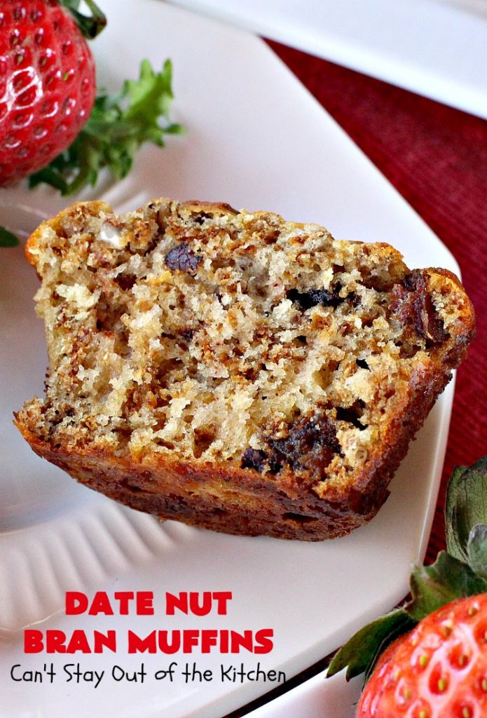 Date Nut Bran Muffins | Can't Stay Out of the Kitchen | this fantastic #BranMuffin batter can stay refrigerated for up to 6 weeks! You can have fresh homemade #muffins without all the fuss and enjoy them weekly. These are great to make for company, #holidays or when you're cooking for a crowd. Every bite is heavenly. #AllBran #BranFlakes #dates #pecans #breakfast #DateNutBranMuffins #HolidayBreakfast #Thanksgiving #fall #Christmas #FallBaking #baking #recipe