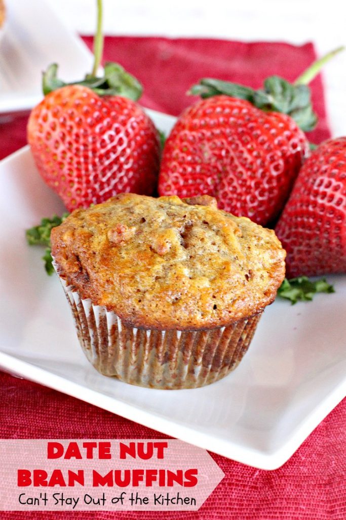 Date Nut Bran Muffins | Can't Stay Out of the Kitchen | this fantastic #BranMuffin batter can stay refrigerated for up to 6 weeks! You can have fresh homemade #muffins without all the fuss and enjoy them weekly. These are great to make for company, #holidays or when you're cooking for a crowd. Every bite is heavenly. #AllBran #BranFlakes #dates #pecans #breakfast #DateNutBranMuffins #HolidayBreakfast #Thanksgiving #fall #Christmas #FallBaking #baking #recipe