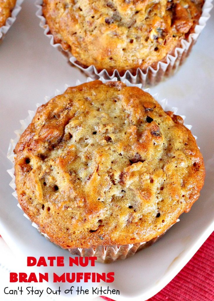 Date Nut Bran Muffins | Can't Stay Out of the Kitchen | this fantastic #BranMuffin batter can stay refrigerated for up to 6 weeks! You can have fresh homemade #muffins without all the fuss and enjoy them weekly. These are great to make for company, #holidays or when you're cooking for a crowd. Every bite is heavenly. #AllBran #BranFlakes #dates #pecans #breakfast #DateNutBranMuffins #HolidayBreakfast #Thanksgiving #fall #Christmas #FallBaking #baking #recipe