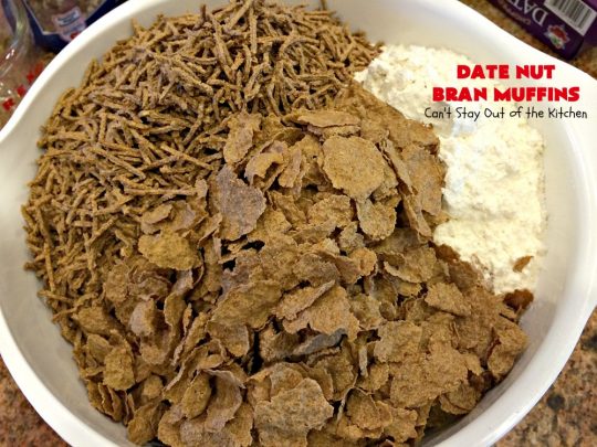 Date Nut Bran Muffins | Can't Stay Out of the Kitchen | this fantastic #BranMuffin batter can stay refrigerated for up to 6 weeks! You can have fresh homemade #muffins without all the fuss and enjoy them weekly. These are great to make for company, #holidays or when you're cooking for a crowd. Every bite is heavenly. #AllBran #BranFlakes #dates #pecans #breakfast #DateNutBranMuffins #HolidayBreakfast #Thanksgiving #fall #Christmas #FallBaking #baking #recipe