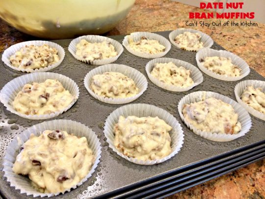 Date Nut Bran Muffins | Can't Stay Out of the Kitchen | this fantastic #BranMuffin batter can stay refrigerated for up to 6 weeks! You can have fresh homemade #muffins without all the fuss and enjoy them weekly. These are great to make for company, #holidays or when you're cooking for a crowd. Every bite is heavenly. #AllBran #BranFlakes #dates #pecans #breakfast #DateNutBranMuffins #HolidayBreakfast #Thanksgiving #fall #Christmas #FallBaking #baking #recipe