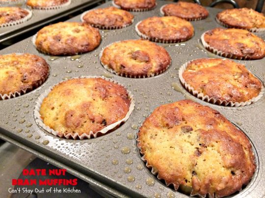 Date Nut Bran Muffins | Can't Stay Out of the Kitchen | this fantastic #BranMuffin batter can stay refrigerated for up to 6 weeks! You can have fresh homemade #muffins without all the fuss and enjoy them weekly. These are great to make for company, #holidays or when you're cooking for a crowd. Every bite is heavenly. #AllBran #BranFlakes #dates #pecans #breakfast #DateNutBranMuffins #HolidayBreakfast #Thanksgiving #fall #Christmas #FallBaking #baking #recipe