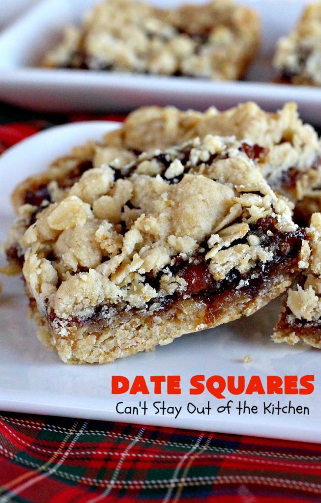 Date Squares | Can't Stay Out of the Kitchen | these classic #Christmas #cookies are wonderful for #holiday #baking. They're also terrific for #ChristmasCookieExchanges. Everyone loves them. #dates #dessert #ChristmasDessert #HolidayDessert