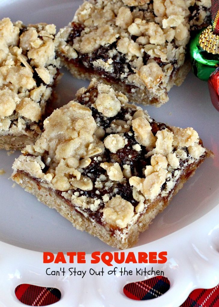 Date Squares | Can't Stay Out of the Kitchen | these classic #Christmas #cookies are wonderful for #holiday #baking. They're also terrific for #ChristmasCookieExchanges. Everyone loves them. #dates #dessert #ChristmasDessert #HolidayDessert