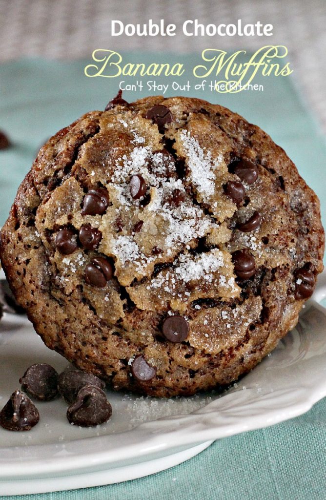 Double Chocolate Banana Muffins | Can't Stay Out of the Kitchen | these fabulous #breakfast #muffins have double the #chocolate flavor and sprinkled with sugar.