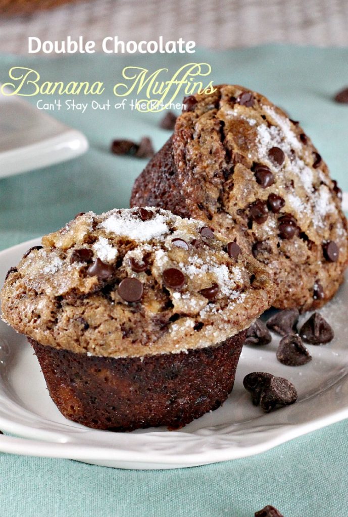 Double Chocolate Banana Muffins | Can't Stay Out of the Kitchen | these fabulous #breakfast #muffins have double the #chocolate flavor and sprinkled with sugar.