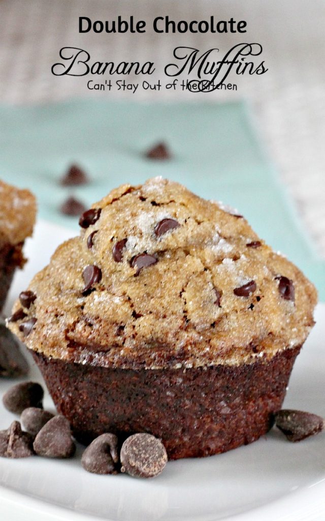 Double Chocolate Banana Muffins | Can't Stay Out of the Kitchen | these fabulous #breakfast #muffins have double the #chocolate flavor and sprinkled with sugar.