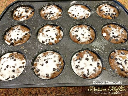 Double Chocolate Banana Muffins | Can't Stay Out of the Kitchen | these fabulous #breakfast #muffins have double the #chocolate flavor and sprinkled with sugar.
