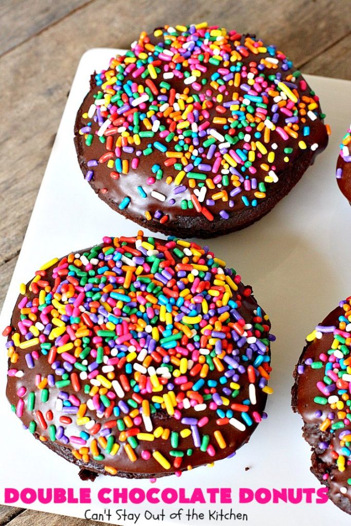 Double Chocolate Donuts | Can't Stay Out of the Kitchen | these #chocolate #donuts are irresistible & perfect for a #holiday #breakfast like #Thanksgiving, #Christmas or #NewYearsDay. The chocolate icing & #sprinkles make them heavenly. #chocolatedonuts #holidaybreakfast #ChristmasBreakfast #ThanksgivingBreakfast 