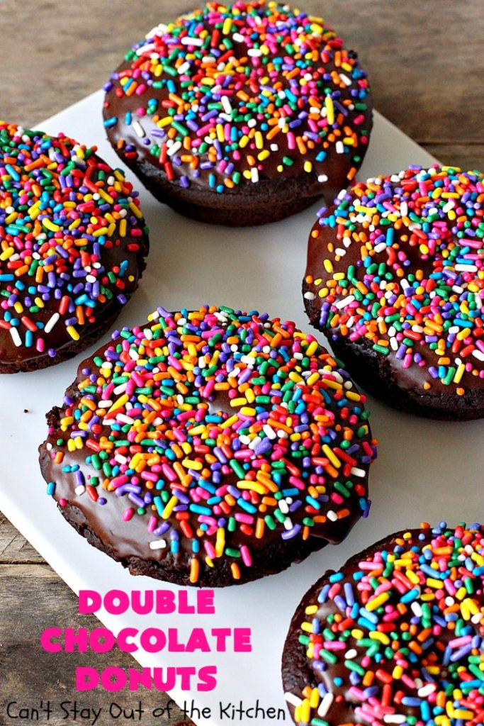 Double Chocolate Donuts | Can't Stay Out of the Kitchen | these #chocolate #donuts are irresistible & perfect for a #holiday #breakfast like #Thanksgiving, #Christmas or #NewYearsDay. The chocolate icing & #sprinkles make them heavenly. #chocolatedonuts #holidaybreakfast #ChristmasBreakfast #ThanksgivingBreakfast 