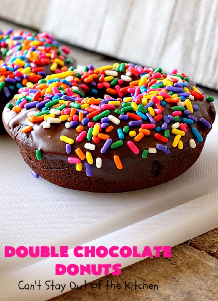 Double Chocolate Donuts | Can't Stay Out of the Kitchen | these #chocolate #donuts are irresistible & perfect for a #holiday #breakfast like #Thanksgiving, #Christmas or #NewYearsDay. The chocolate icing & #sprinkles make them heavenly. #chocolatedonuts #holidaybreakfast #ChristmasBreakfast #ThanksgivingBreakfast 