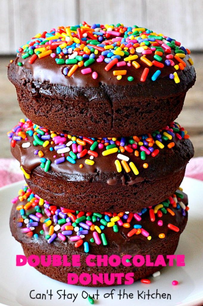 Double Chocolate Donuts | Can't Stay Out of the Kitchen | these #chocolate #donuts are irresistible & perfect for a #holiday #breakfast like #Thanksgiving, #Christmas or #NewYearsDay. The chocolate icing & #sprinkles make them heavenly. #chocolatedonuts #holidaybreakfast #ChristmasBreakfast #ThanksgivingBreakfast 