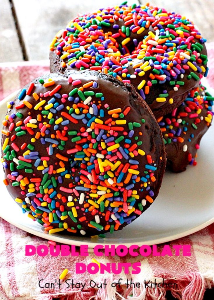 Double Chocolate Donuts | Can't Stay Out of the Kitchen | these #chocolate #donuts are irresistible & perfect for a #holiday #breakfast like #Thanksgiving, #Christmas or #NewYearsDay. The chocolate icing & #sprinkles make them heavenly. #chocolatedonuts #holidaybreakfast #ChristmasBreakfast #ThanksgivingBreakfast 