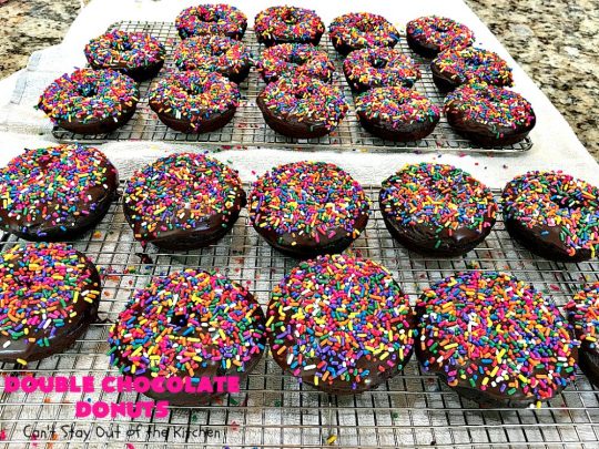 Double Chocolate Donuts | Can't Stay Out of the Kitchen | these #chocolate #donuts are irresistible & perfect for a #holiday #breakfast like #Thanksgiving, #Christmas or #NewYearsDay. The chocolate icing & #sprinkles make them heavenly. #chocolatedonuts #holidaybreakfast #ChristmasBreakfast #ThanksgivingBreakfast 