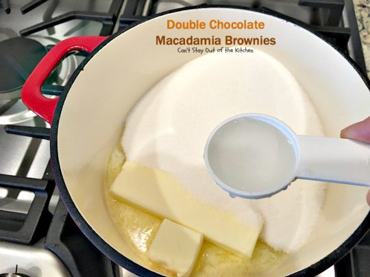 Double Chocolate Macadamia Brownies | Can't Stay Out of the Kitchen | these fabulous #brownies use 2 bags of #chocolate chips. One is melted & the other is added into the batter & on top with #macadamianuts. Amazing #dessert. #chocolate