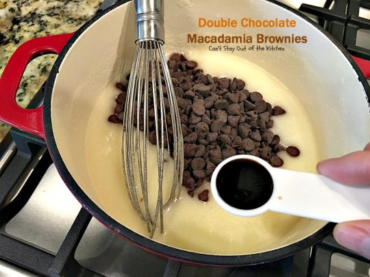 Double Chocolate Macadamia Brownies | Can't Stay Out of the Kitchen | these fabulous #brownies use 2 bags of #chocolate chips. One is melted & the other is added into the batter & on top with #macadamianuts. Amazing #dessert. #chocolate