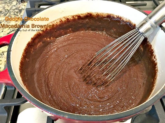 Double Chocolate Macadamia Brownies | Can't Stay Out of the Kitchen | these fabulous #brownies use 2 bags of #chocolate chips. One is melted & the other is added into the batter & on top with #macadamianuts. Amazing #dessert. #chocolate