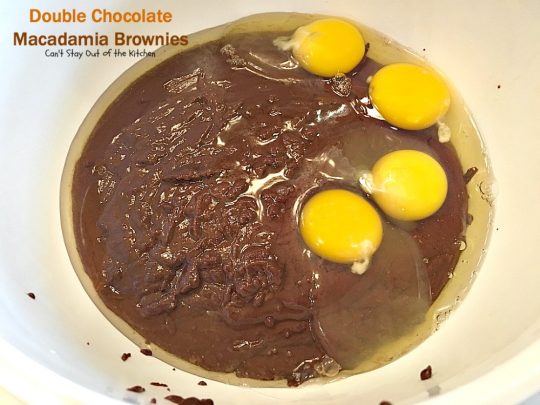 Double Chocolate Macadamia Brownies | Can't Stay Out of the Kitchen | these fabulous #brownies use 2 bags of #chocolate chips. One is melted & the other is added into the batter & on top with #macadamianuts. Amazing #dessert. #chocolate