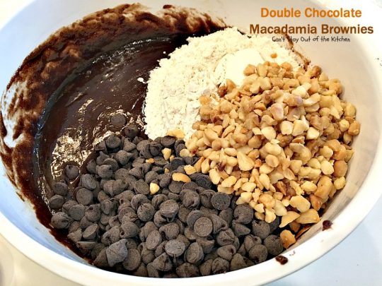 Double Chocolate Macadamia Brownies | Can't Stay Out of the Kitchen | these fabulous #brownies use 2 bags of #chocolate chips. One is melted & the other is added into the batter & on top with #macadamianuts. Amazing #dessert. #chocolate