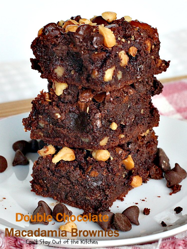 Double Chocolate Macadamia Brownies | Can't Stay Out of the Kitchen | these fabulous #brownies use 2 bags of #chocolate chips. One is melted & the other is added into the batter & on top with #macadamianuts. Amazing #dessert. #chocolate