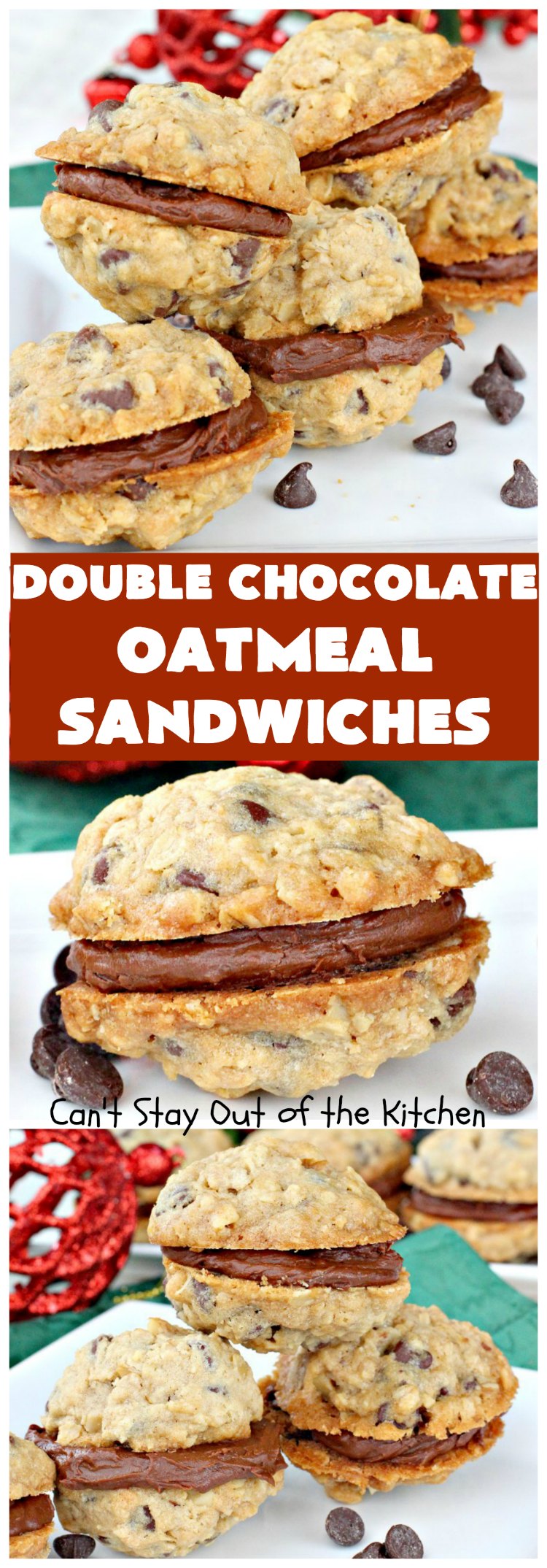 Double Chocolate Oatmeal Cookies | Can't Stay Out of the Kitchen | these spectacular #OatmealCookies feature #ChocolateChips in the #cookies and a #chocolate #fudge frosting sandwiched between to die for! Amazing #dessert for #holiday #ChristmasCookie baking. #ChristmasCookieExchange #FallBaking #DoubleChocolateOatmealSandwiches #ChocolateFudgeFrosting #HolidayDessert
