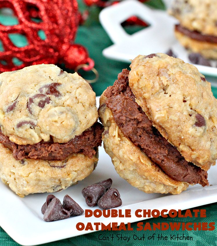 Double Chocolate Oatmeal Cookies | Can't Stay Out of the Kitchen | these spectacular #OatmealCookies feature #ChocolateChips in the #cookies and a #chocolate #fudge frosting sandwiched between to die for! Amazing #dessert for #holiday #ChristmasCookie baking. #ChristmasCookieExchange #FallBaking #DoubleChocolateOatmealSandwiches #ChocolateFudgeFrosting #HolidayDessert