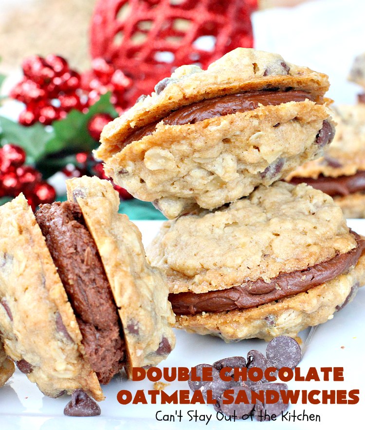 Double Chocolate Oatmeal Cookies | Can't Stay Out of the Kitchen | these spectacular #OatmealCookies feature #ChocolateChips in the #cookies and a #chocolate #fudge frosting sandwiched between to die for! Amazing #dessert for #holiday #ChristmasCookie baking. #ChristmasCookieExchange #FallBaking #DoubleChocolateOatmealSandwiches #ChocolateFudgeFrosting #HolidayDessert