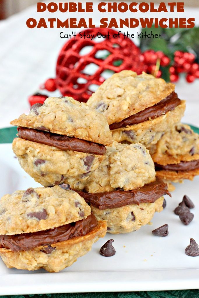 Double Chocolate Oatmeal Cookies | Can't Stay Out of the Kitchen | these spectacular #OatmealCookies feature #ChocolateChips in the #cookies and a #chocolate #fudge frosting sandwiched between to die for! Amazing #dessert for #holiday #ChristmasCookie baking. #ChristmasCookieExchange #FallBaking #DoubleChocolateOatmealSandwiches #ChocolateFudgeFrosting #HolidayDessert
